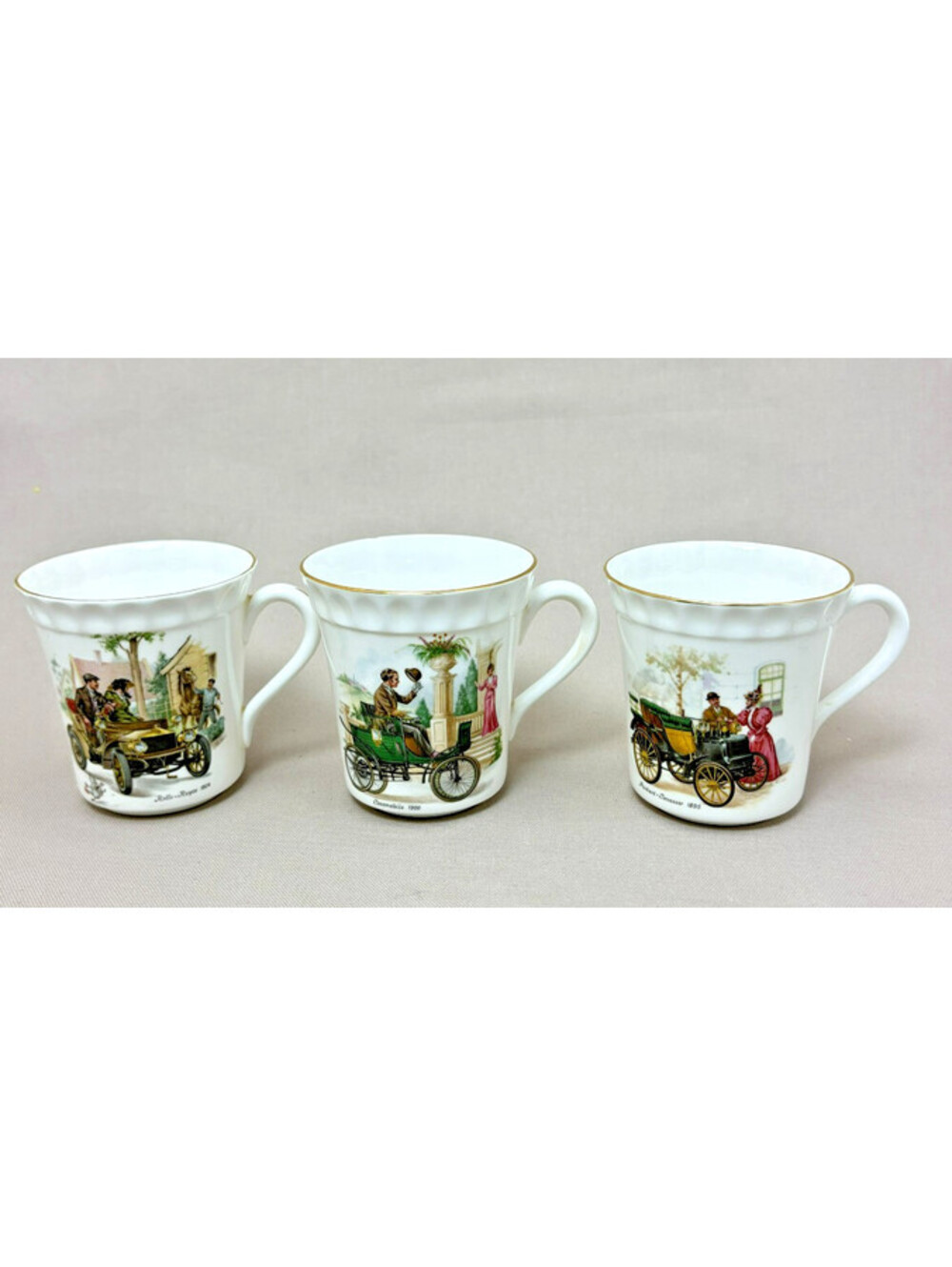 Crown Staffordshire England Antique Car Bone China Mugs Set 3 Rolls Royce 1904